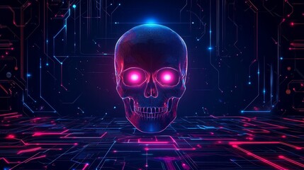 Futuristic glowing digital skull composition background