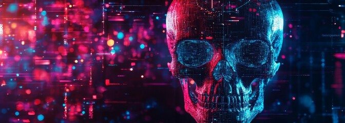 Futuristic glowing digital skull composition background
