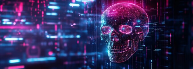 Futuristic glowing digital skull composition background