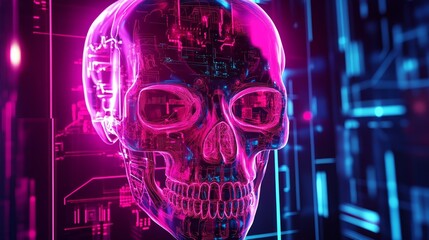 Futuristic glowing digital skull composition background