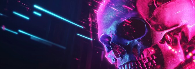 Futuristic glowing digital skull composition background