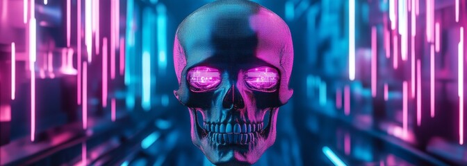 Futuristic glowing digital skull composition background