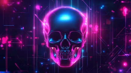 Futuristic glowing digital skull composition background