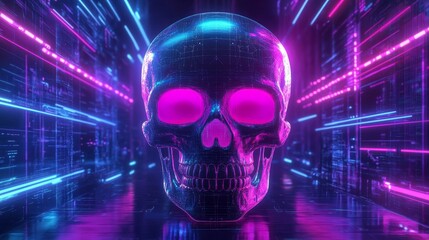 Futuristic glowing digital skull composition background