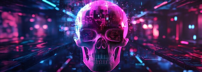 Futuristic glowing digital skull composition background