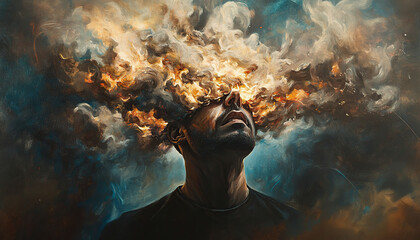 Man with head in flames symbolizing inner conflict