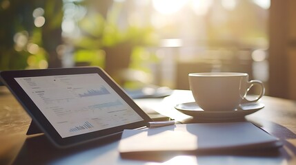 Sticker - Tablet Showing Business Data Beside a Coffee Cup