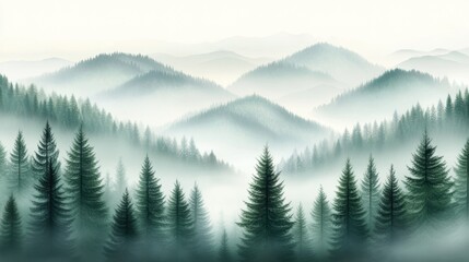 Poster - Misty evergreen forest with rolling hills in the background, AI