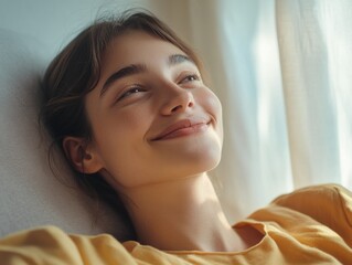 Sticker - Contented Female Model Smiling at Camera with Natural Light