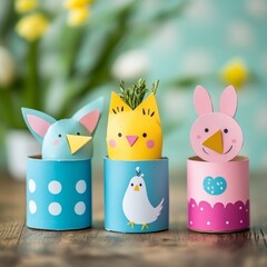 Fototapete - Happy easter spring toy collection on blue background for kids holiday party concept background. Paper crafts, DIY. creative idea from toilet roll. reuse, recycle handmade