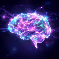 Wall Mural - A glowing purple human brain on dark background. 