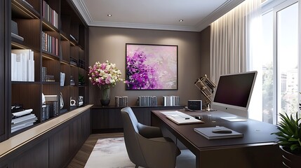 Wall Mural - Modern Home Office Design With Dark Wood Furnishings