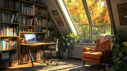 Wall Mural - Cozy Autumn Attic Workspace With Books And Plants