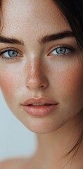 Wall Mural - Close-up portrait of a woman with striking green eyes and natural freckles, showcasing soft features and a serene expression during golden hour light