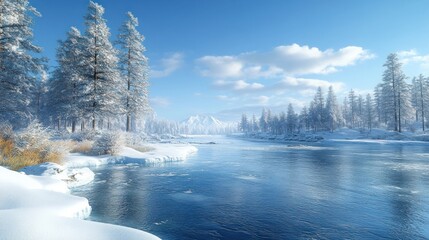 Sticker - Winter Wonderland: Serene River and Snow-Covered Mountains