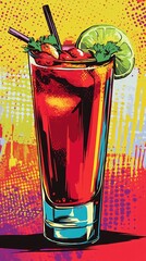 Canvas Print - A stylized pop-art depiction of a Bloody Mary cocktail in a tall glass with a lime slice and vibrant garnish, featuring bold red, yellow, and purple tones with a dynamic dotted background