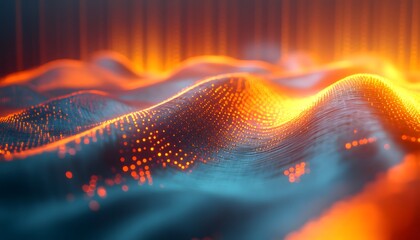 Poster - Abstract Waves of Light and Color in Motion, Representing Digital Data and Technology with Vibrant Orange and Blue Patterns in a Fluid Stage of Dynamic Energy