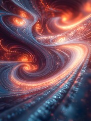 Poster - Abstract Swirling Patterns with Dazzling Glows in a Vibrant Color Palette of Orange and Blue Reflecting Depth and Motion in a Dreamlike Digital Landscape
