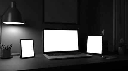 Wall Mural - dark desk setup with laptop tablet and phone