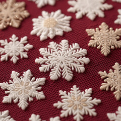 Wall Mural - Merry Christmas, Happy New Year. Red background golden white Christmas snowflakes close up