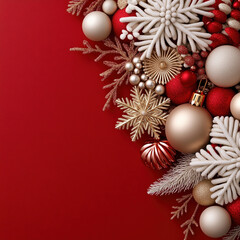 Wall Mural - Merry Christmas, Happy New Year. Red background golden white Christmas snowflakes close up