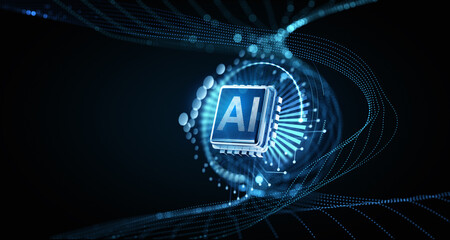 Futuristic glowing AI chip with data flow on dark background. 3D Rendering