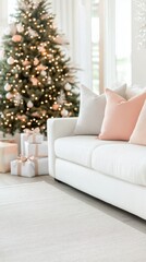 Wall Mural - Cozy living room with white couch and decorated Christmas tree during holiday season