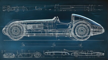 Detailed Blueprint of Vintage Race Car on Dark Background with Technical Drawings and Measurements for Automotive Design and Restoration Projects