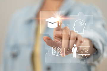 concept of online education. man use online education training and e-learning webinar on internet fo