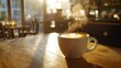© ArtCookStudio - Warm cup of coffee with latte art sits on wooden table in a cozy cafe during golden hour