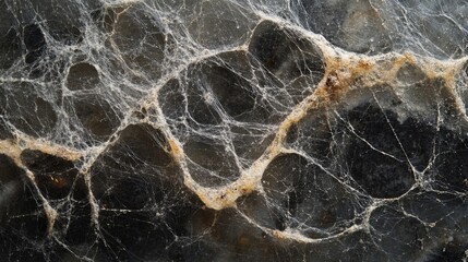 Close-up of a spider web with dust and debris