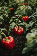 Canvas Print - Red peppers growing among lush green leaves in a garden setting