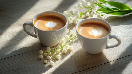 Sticker - Coffee cups with heart latte art arranged with flowers on wooden table