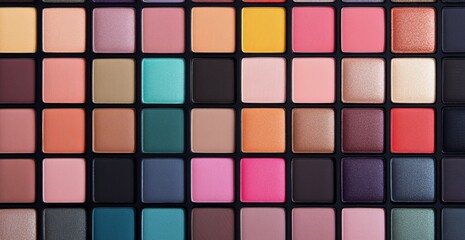 Colorful assortment of eye shadow palettes displayed in organized grid format