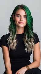 A young woman with striking green and blonde hair smiles confidently in a black outfit.