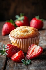 Wall Mural - Freshly baked muffin surrounded by ripe strawberries on rustic wooden table