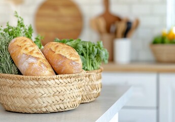 Canvas Print - Freshly baked bread and vibrant vegetables displayed in woven baskets on a kitchen counter