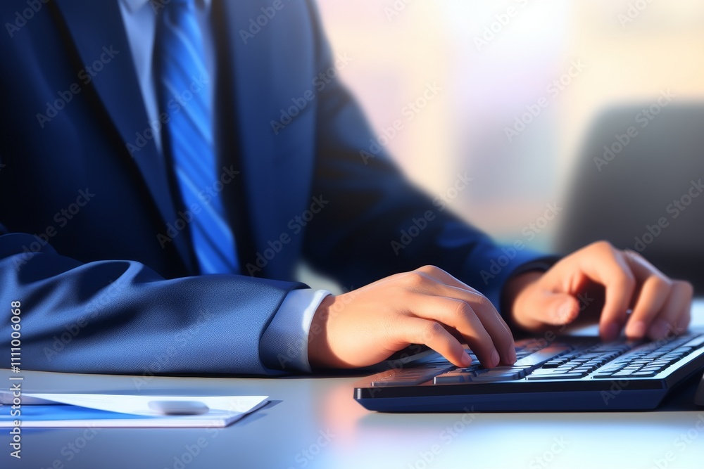 Office worker engaged in typing on a keyboard with a simple background ...