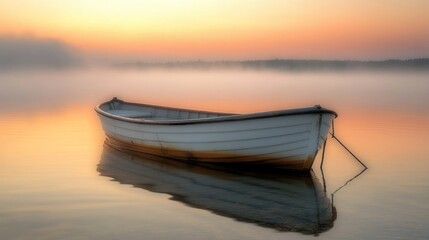 Wall Mural - Serene Sunrise: A Solitary Rowboat on a Misty Lake