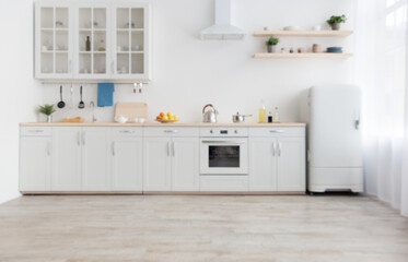 Wall Mural - Kitchen modern scandinavian interior with white furniture with utensils, shelves with crockery and plants in pots, refrigerator in dining room. Simple design, rent and sale, blog at flat, empty space