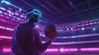 © Sahraya - Caucasian sport person playing basketball at neon sport stadium while wearing casual cloth and virtual reality glasses. Athlete holding basketball hologram while standing at sport arena. Deviation.