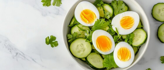 Wall Mural - Fresh cucumber salad with boiled eggs and cilantro on a light marble background