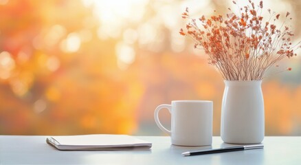 Sticker - Cozy autumn morning with warm beverage and decorative flowers on a windowsill