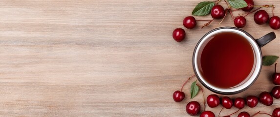 Canvas Print - Warm cup of cherry tea surrounded by fresh cherries on wooden table