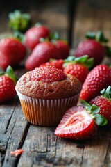 Wall Mural - Freshly baked muffin surrounded by ripe strawberries on rustic wooden table