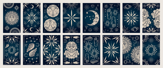 Wall Mural - tarot cards. magic sun moon, mythic witch symbols. vintage spiritual graphic astrology or esoteric p