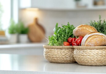 Canvas Print - Freshly baked bread and vibrant vegetables displayed in woven baskets on a kitchen counter