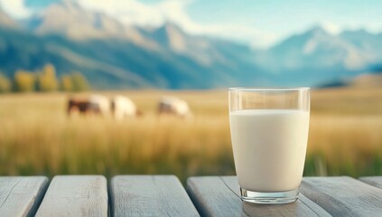 Canvas Print - Fresh milk in a glass placed on a wooden table with mountains and grazing cows in background