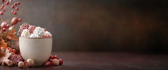 Sticker - Warm beverage topped with cream and festive decorations in cozy setting during autumn