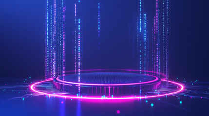 AI 3D hologram chip with digital particles on technology abstract circuit surface. Artificial Intelligence concept with neon light on blue background. Big Data. Futuristic AI tech. Vector illustration